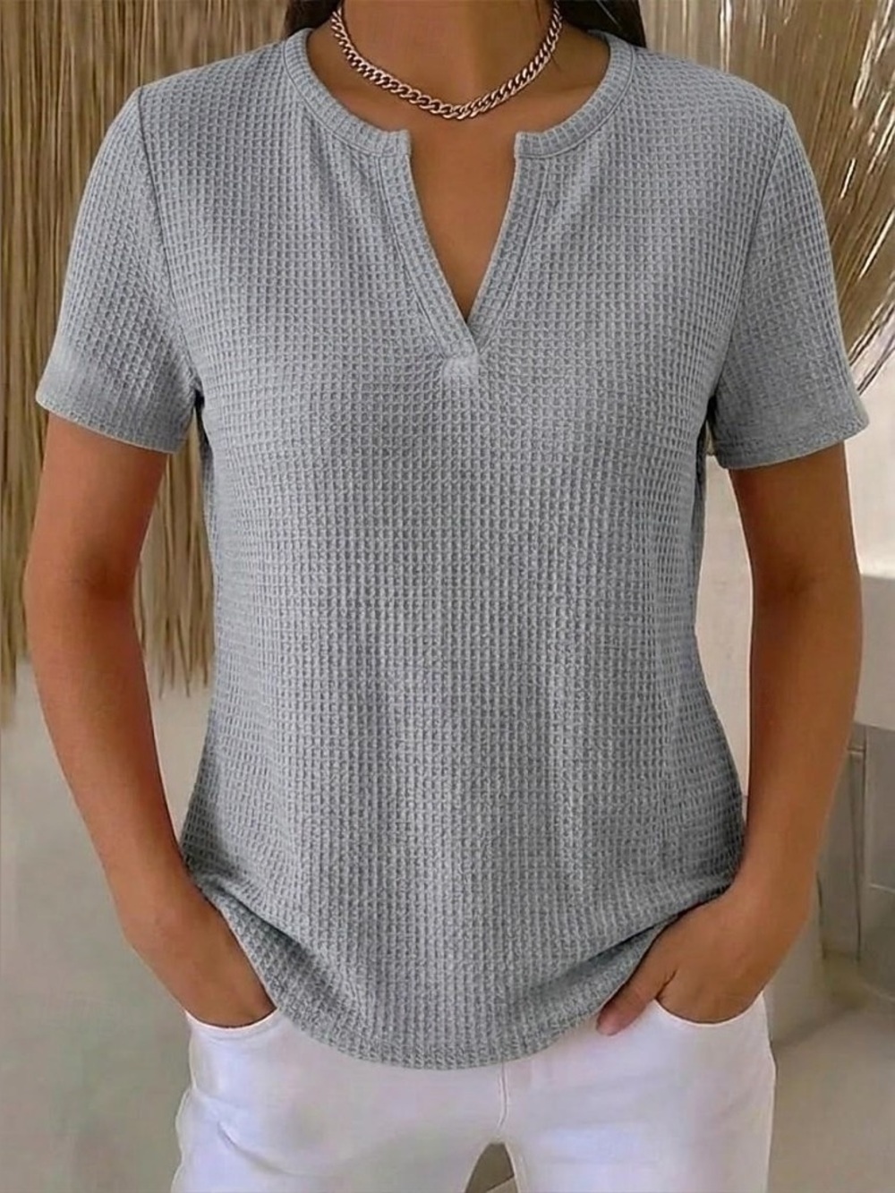 Zenana Waffle Knit short sleeve v neck T-shirt woman's size small gray NIB